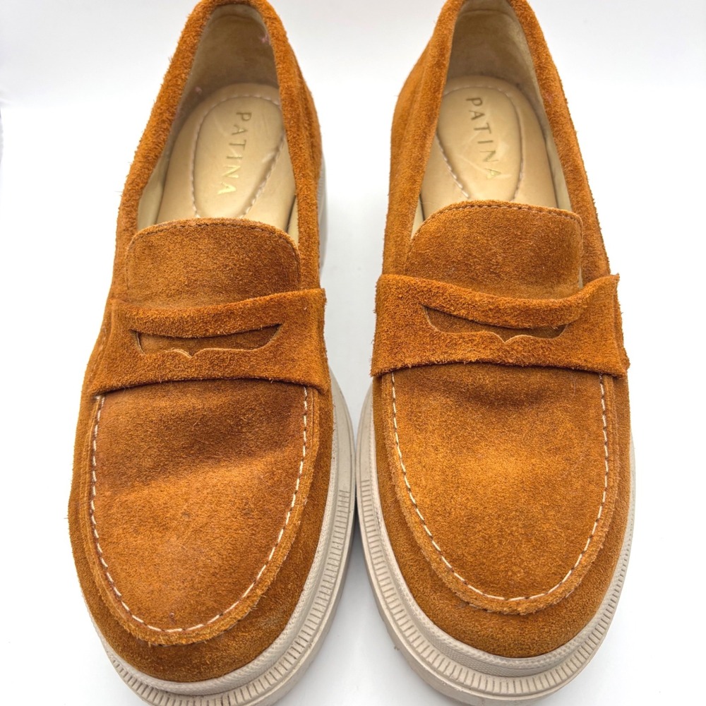 Patina Cognac Suede Platform Penny Loafers Handmade Mexico Mens 6 Womens 8 36